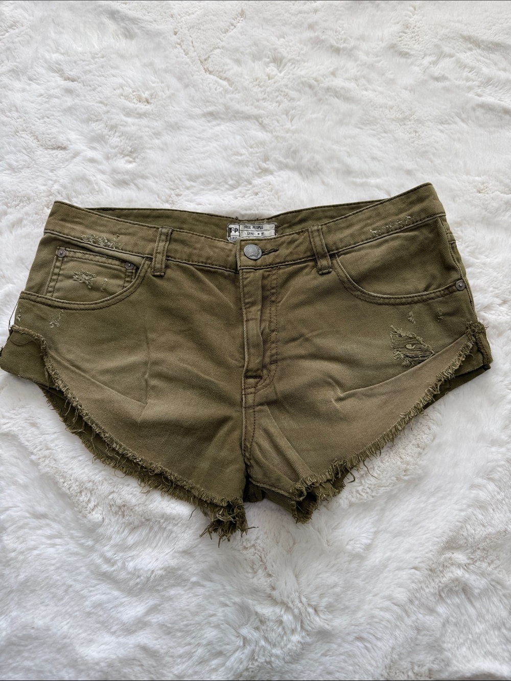 Boho Beachy Free People Olive Green Distressed Denim Cuffed Cutoff Shorts